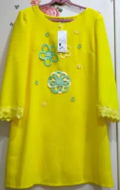 H-6 イエロー系　ワンピース　レース、花飾り付　卒入学式　パーティー　結婚式