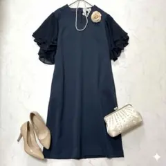 美品 セタイチロウ ワンピース ドレス フリル袖 紺 結婚式 ドレス お呼ばれLのサムネイル