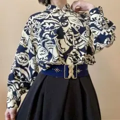 ★ボタニカル柄 柄シャツ ヴィンテージ ブラウス 濃紺 白 昭和レトロ 日本製