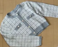 レディース　春　ニット　パステル　ブルー　ホワイト　ツイード　ショート丈　長袖