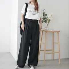 ディスコート　テックリネンハイウエストベルト付ワイドパンツ　ブラック　新品
