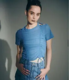 LE CIEL BLUE シアーカットアウトドロストTシャツ ブルー 36サイズ