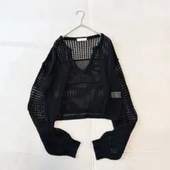 【セポ】サマーニット（M)メッシュ 透け感 スキッパー シンプル レイヤード 黒のサムネイル