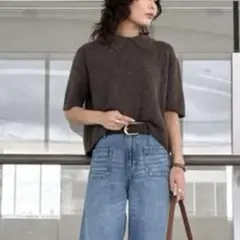 ミラオーウェン ポロクロップド丈モヘアニットトップスブラウン 半袖のサムネイル