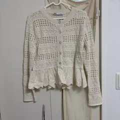 ZARA 長袖 クローシェ編み カーディガン アイボリー Mのサムネイル