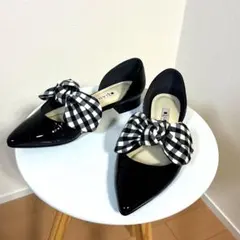 DIANA サンダル 黒 22cm リボン チェック エナメル ポインテッドトゥ