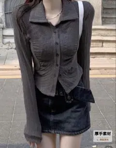 韓国 リブカジュアルトップス グレー ワンホン