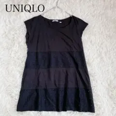 ユニクロ　トップス　ノースリーブ　チュニック　レース　ブラック　M レーヨン　混