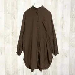 長袖 ロング丈 バンドカラー シャツワンピース L 茶色 ノーカラー 羽織り