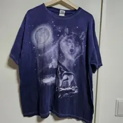 【XL】GILDAN ウルフ Tシャツ タイダイ ネイビー 満月 オオカミ 古着
