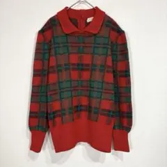 コルディア【L】チェック柄 長袖ニット セーター 襟付き ウール混