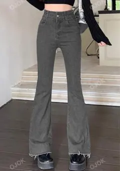 レディース　ハイウエスト　デニム　グレー　シーイン　フレアデニム