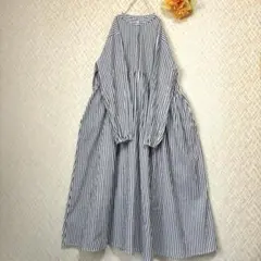ラジエム⁂ ストライプ ギャザー ロング ワンピース /ナチュラル ゆったり