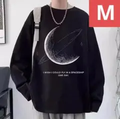 メンズロンTトップス月（ブラック/Mサイズ）春秋レトロロゴ長袖Ｔシャツ洋服