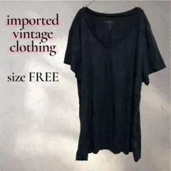 インポート古着 黒 Vネック 半袖Tシャツ シンプル 無地 アメカジ ブラック