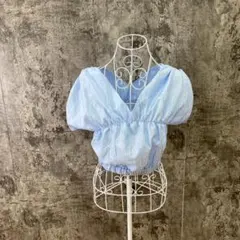 ☆センスオブプレイス☆ギャザーブラウス☆クロップド丈☆Vネック☆青系(F)