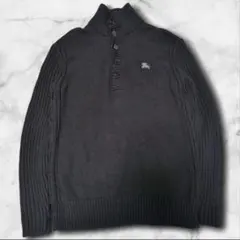 バーバリーブラックレーベル ホースロゴ刺繍 ニット ハーフボタン ウール 黒