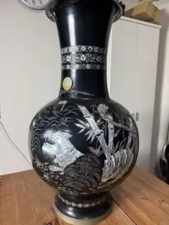 螺鈿装飾 金属製大型花瓶 約80cm 黒地 龍図