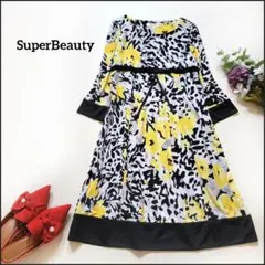 スーパービューティー●鮮やかフラワープリント♪切り替えリボン総柄ドレスワンピース
