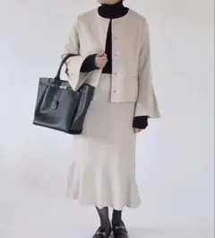 quarancielノーカラージャケット ＆ フレアミディスカート セットアップ