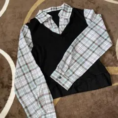 ブラック Vネック チェック柄 長袖シャツ M