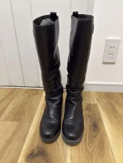 黒レザー ロングブーツ ジッパー付き