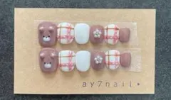 くまネイルチップ　チェック柄ネイル　小花柄　ガーリー　ベリーショート