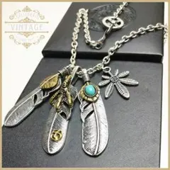 ◆B フェザーネックレス ３枚羽 ターコイズ アメカジ インディアンジュエリー