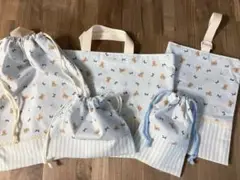 ハンドメイド　入学　入園　5点セット　くまリボン　ストライプ　ブルー　レース