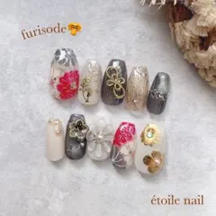 ネイルチップ 振袖 ニュアンス ぷっくりフラワー 和柄 袴 卒業式 マグネット花