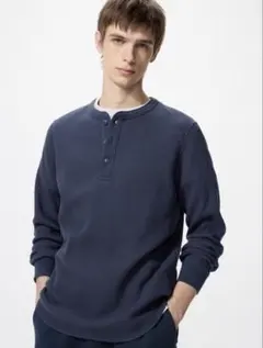 UNIQLO ユニクロ　ワッフルヘンリーネックTシャツ S ネイビー