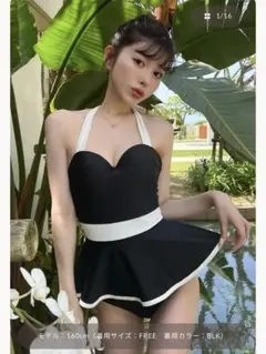 ブラック/ホワイト ワンピース 水着 ペプラム