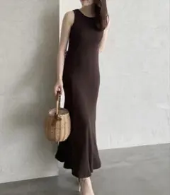 [anuans]カーキブラウン アメスリ ニット ロングワンピース