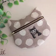 猫型フラットポーチ メガネ猫柄