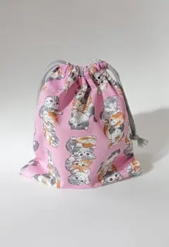 ねこ柄コップ袋｜名入れタグ付き｜幼稚園・保育園に