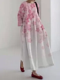 桜 ピンク 和モダンワンピース ゆったり 体型カバー お花見