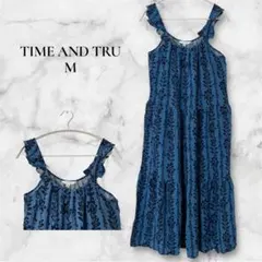美品✨TIME AND TRU【M】ブルー キャミワンピース 総柄 花柄 フリル