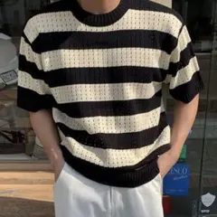 ORUN ボーダーサマーニット Tシャツ M 黒 白 ベージュ 韓国ファッション
