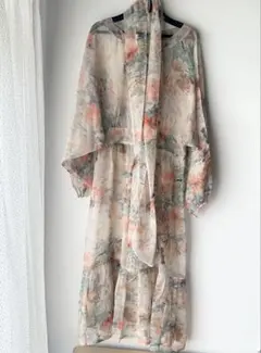 【ハンドメイド】ボウタイ付き シアー ロングワンピース 花柄
