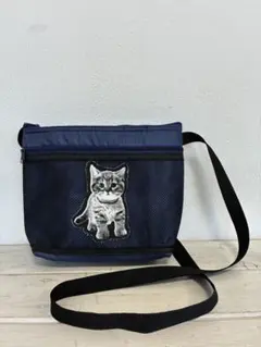 猫のアップリケ保冷サコッシュネイビー