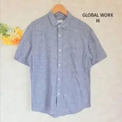 グローバルワーク 麻混 半袖シャツ【M】ネイビー 紺 ポケット付き リネン混