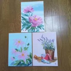 ちぎり絵花とガーデニング 3点セット サイズ4号（半紙大）