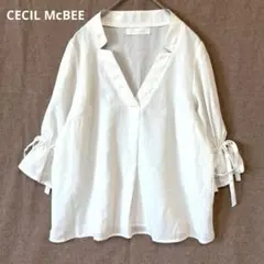 セシルマクビー／ブラウス シャツ M Vネック 五分袖 フリル袖 リボン 白