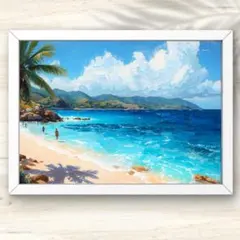 A4 エメラルドの波と南国の浜辺が奏でる油絵風風景画アート インテリアポスター