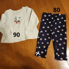 プティマイン　いちご刺繍トップス、デイジー柄パンツセット