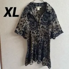 レオパード柄 半袖シャツ XL 半袖 アニマル柄 蛇柄 レース プリーツ