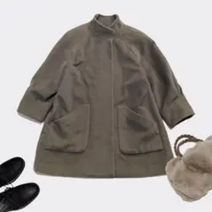 クロエ スタンドカラー コート ゆったり ウール100% オリーブグリーン 40