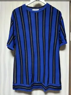 INHERIT ブルーカラーストライプビッグシルエット半袖Tシャツ