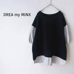 Z【DREA】異素材トップス 4L 黒 ストライプ 七分袖 重ね着風 大きい