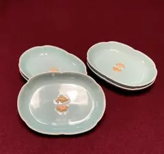 綺麗な水色の青磁の木瓜皿　幸運の双魚浮出し模様　5客　たち吉　箱入り No.13のサムネイル